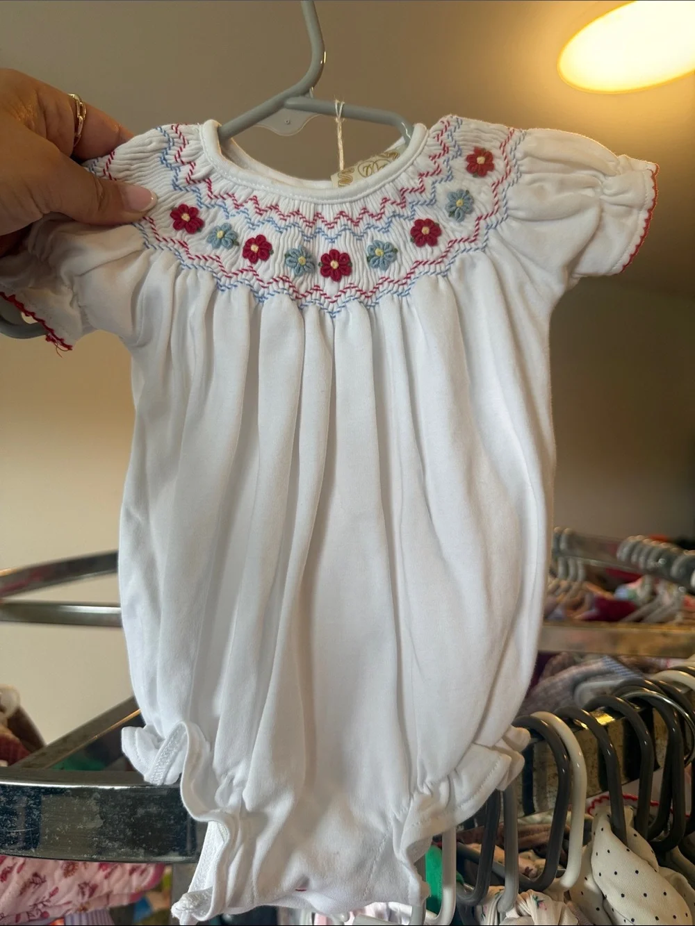 The Beaufort Bonnet Company White Baby Romper with Pink & Blue Floral Smocking